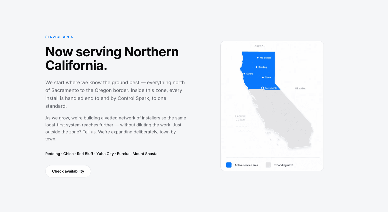 Service area section with a map of Northern California